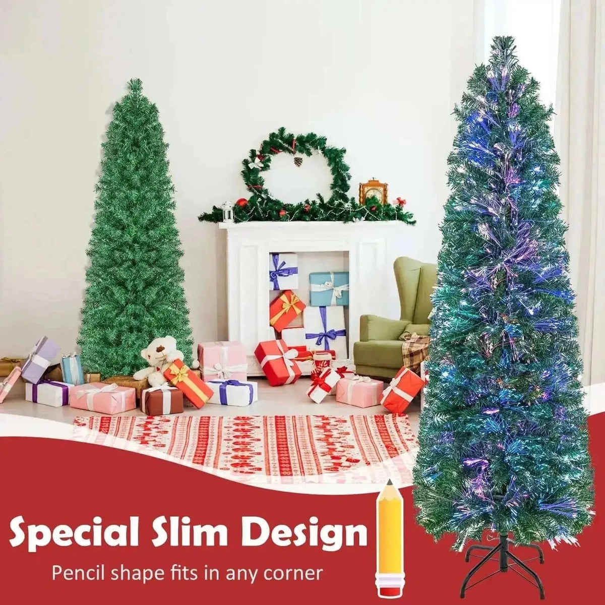 5/6/7/8 FT Pre-Lit Christmas Pencil Tree with Colorful Fiber Optics Green Cartsfy Inc.