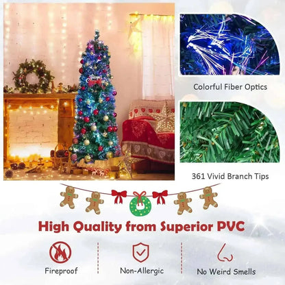 5/6/7/8 FT Pre-Lit Christmas Pencil Tree with Colorful Fiber Optics Green Cartsfy Inc.