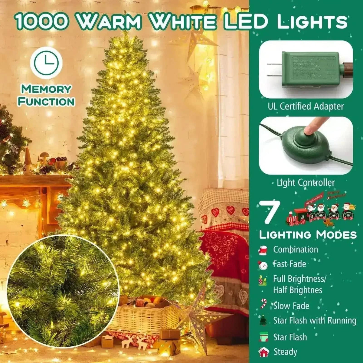 5/6/7 Feet Artificial Christmas Tree Hinged Xmas Tree with 7 Lighting Modes Cartsfy Inc.