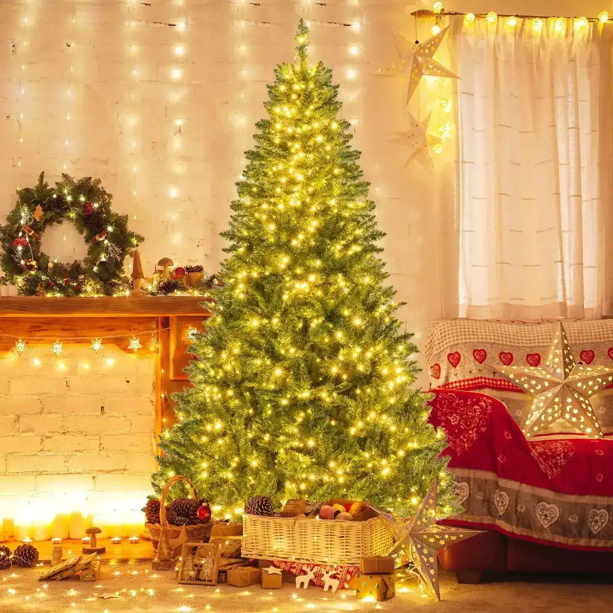 5/6/7 Feet Artificial Christmas Tree Hinged Xmas Tree with 7 Lighting Modes Cartsfy Inc.