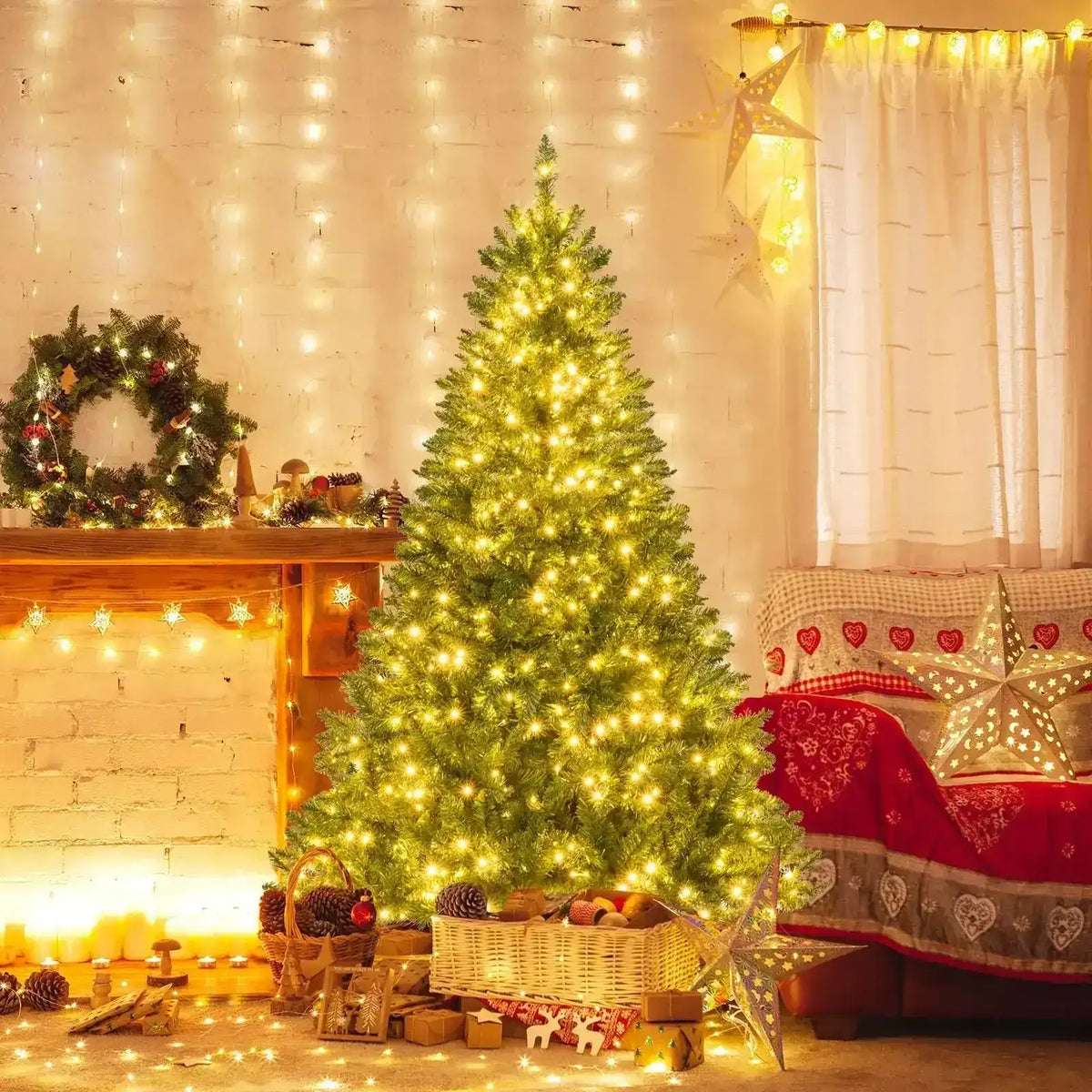 5/6/7 Feet Artificial Christmas Tree Hinged Xmas Tree with 7 Lighting Modes Cartsfy Inc.