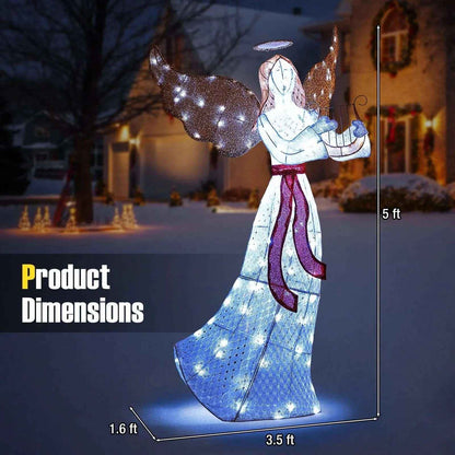 5 ft Christmas Lighted Angel with Harp and 120 Cold White LED Lights