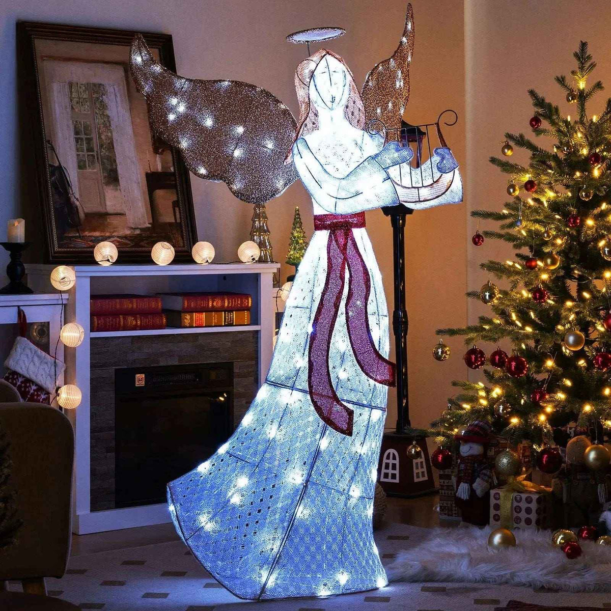 5 ft Christmas Lighted Angel with Harp and 120 Cold White LED Lights