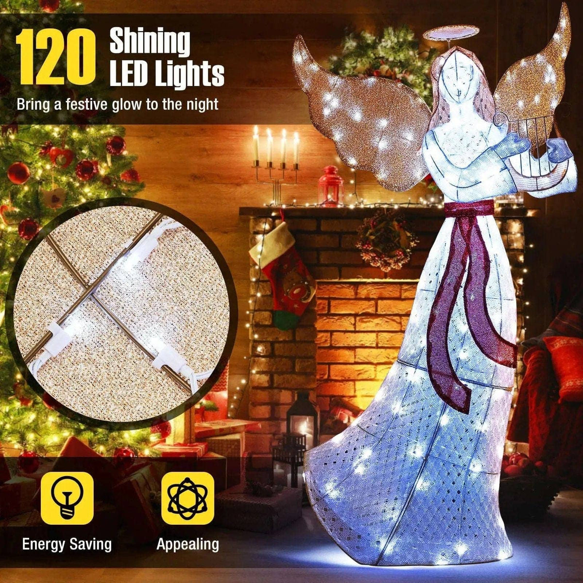 5 ft Christmas Lighted Angel with Harp and 120 Cold White LED Lights Cartsfy Inc.
