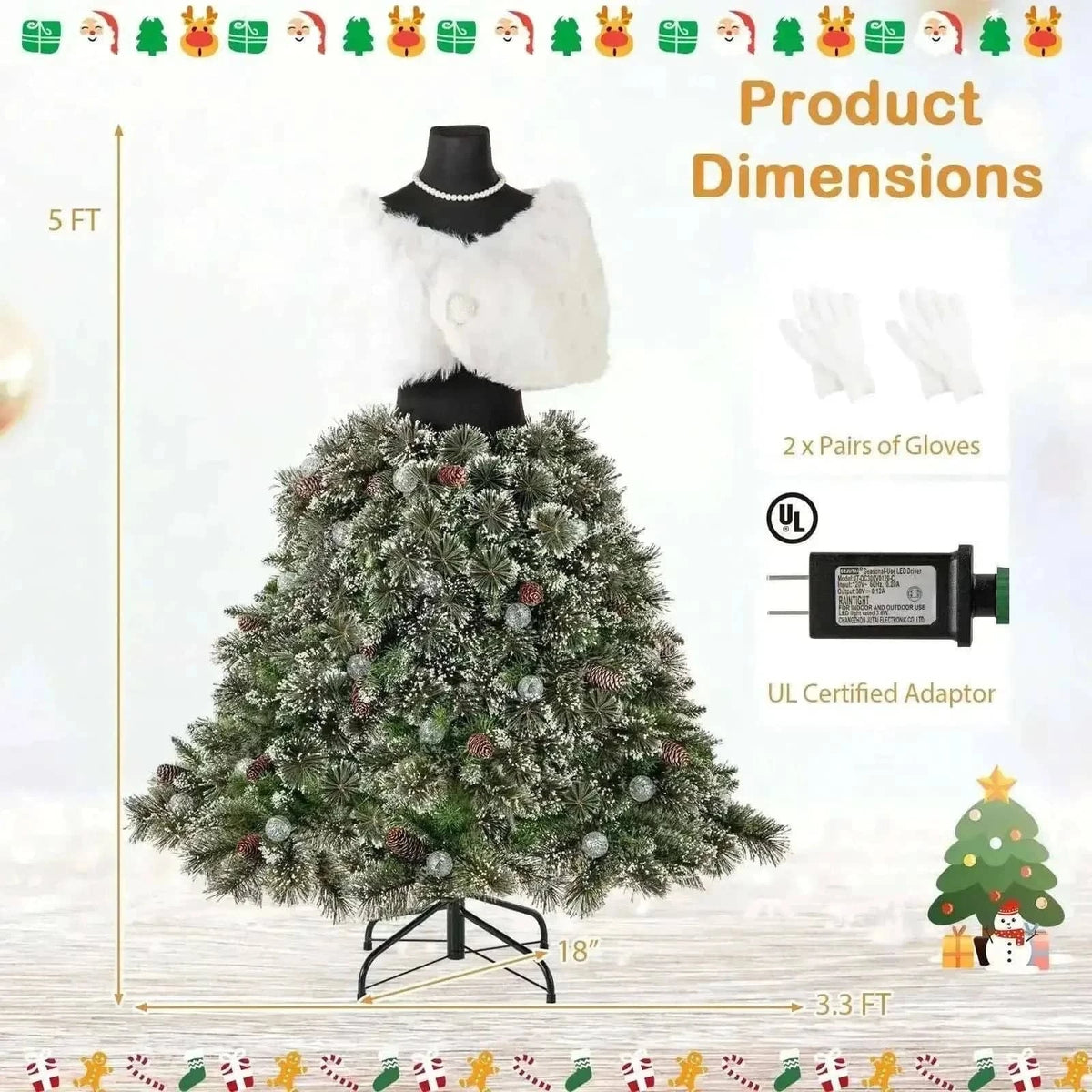 5 FT Pre-lit Mannequin Artificial Christmas Tree Hinged Dress Form Xmas Tree with 465 Branch Tips Cartsfy Inc.