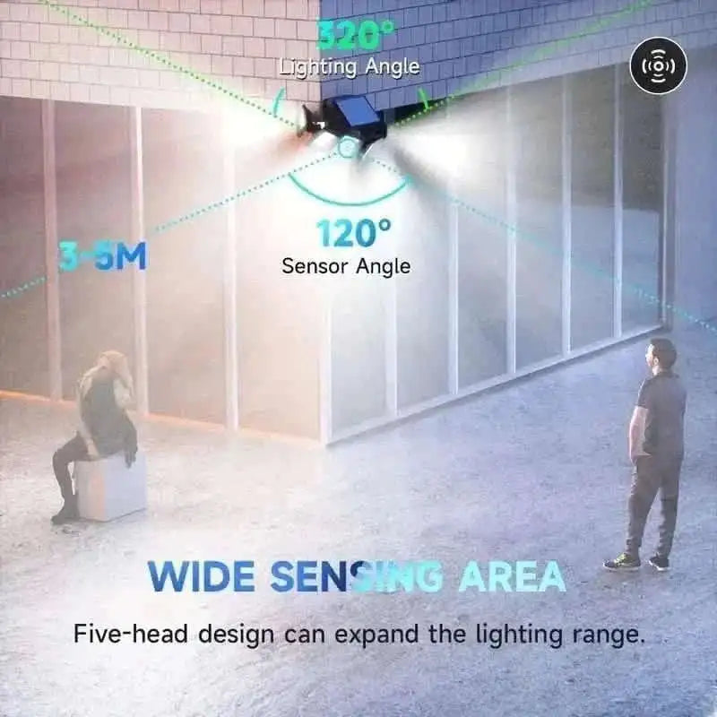 Five-head solar motion sensor wall light providing wide-angle illumination