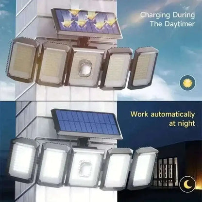 Solar powered five-head motion sensor wall light with charging solar panel