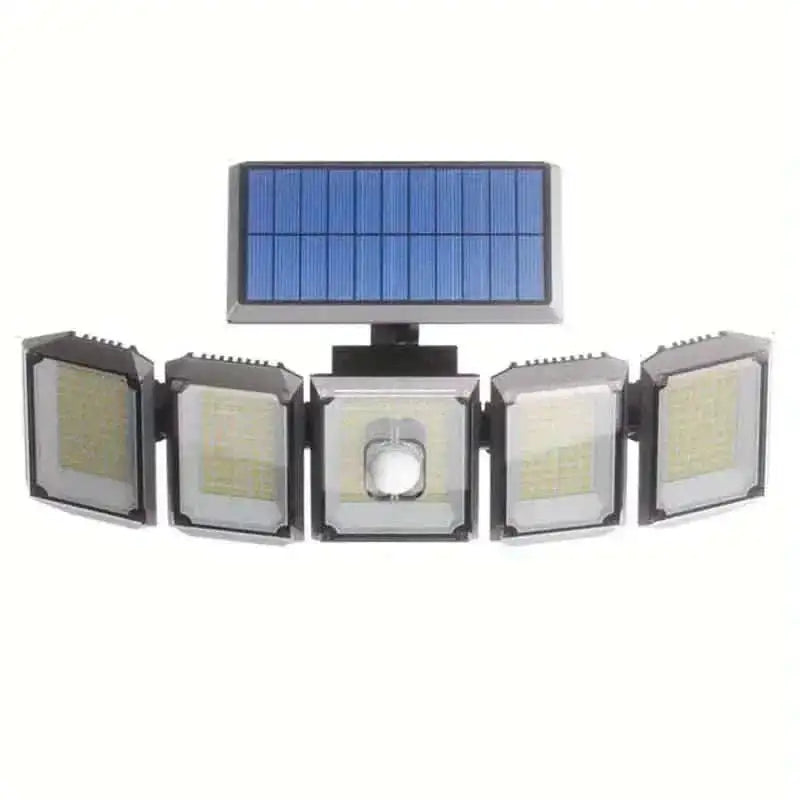 Solar motion sensor wall light with five LED heads and solar panel