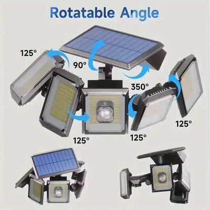 Five-head solar motion sensor light with adjustable, rotatable lamp heads