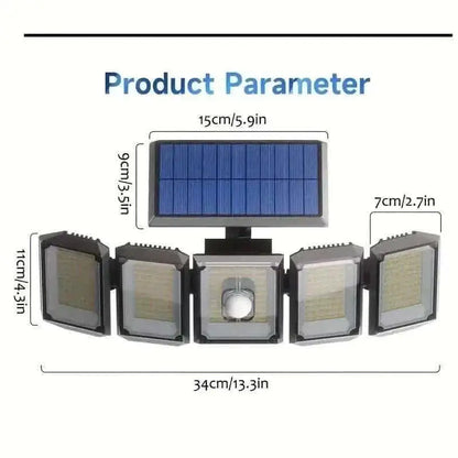 Solar motion sensor wall light with five LED heads and solar panel, measurements