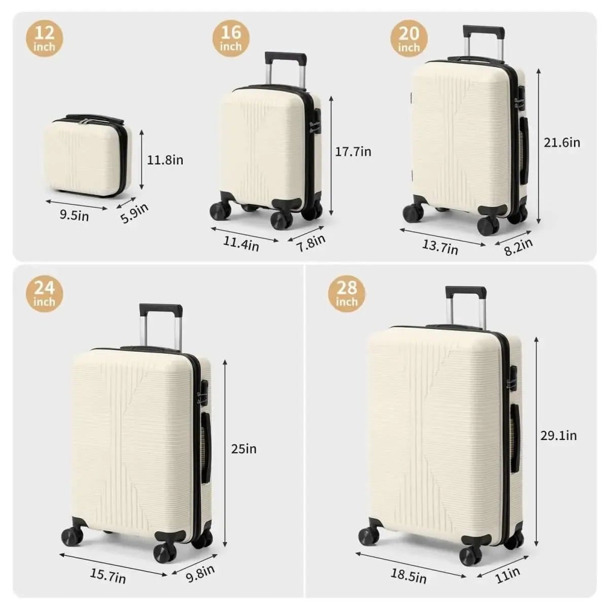 5-Piece Lightweight Luggage Set with Lock – 12/16/20/24/28 Inch DailySale White Gray White-Gray-