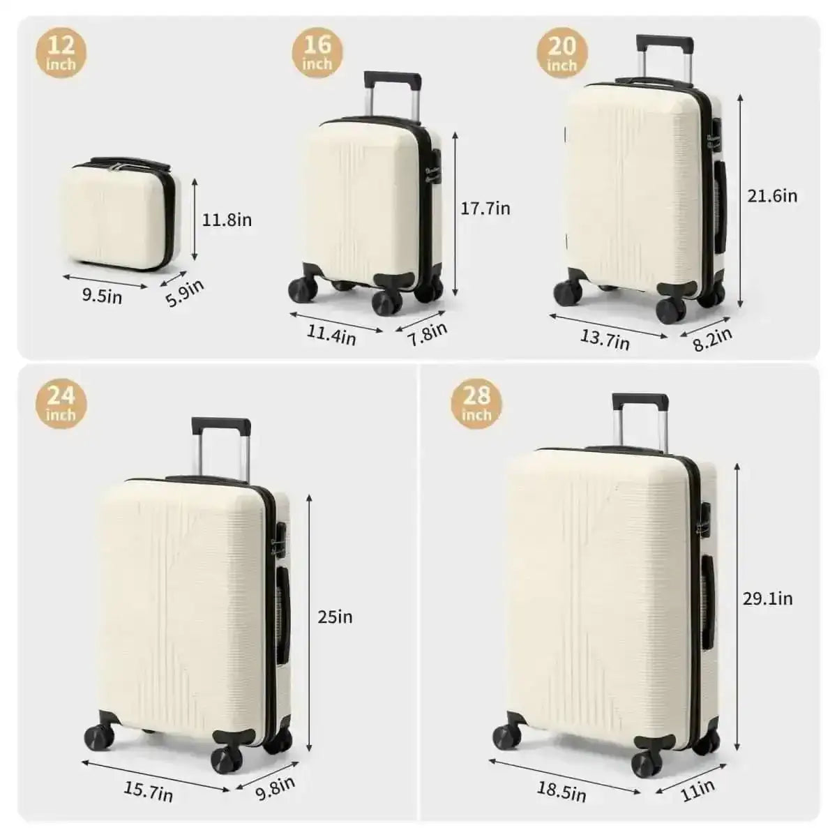 5-Piece Lightweight Luggage Set with Lock – 12/16/20/24/28 Inch DailySale White Gray White-Gray-