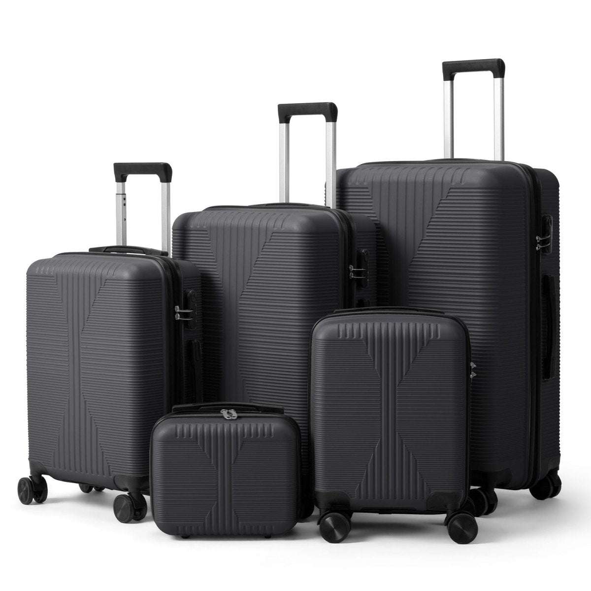 Gray 5-piece luggage set with telescoping handles and four-wheel rolling suitcases