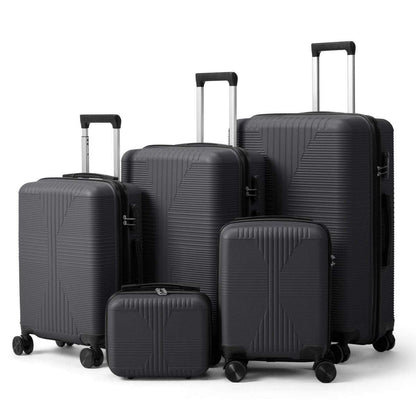 Gray 5-piece luggage set with telescoping handles and four-wheel rolling suitcases