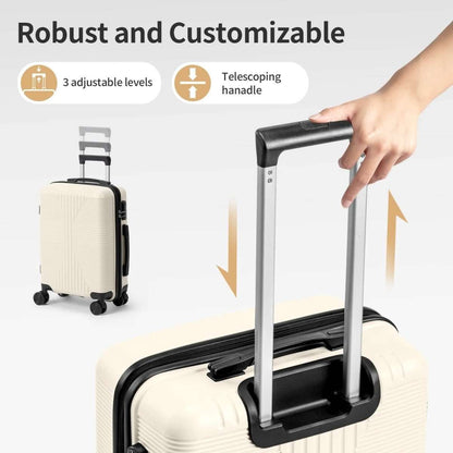 White rolling suitcase with telescoping handle and four swivel wheels, side latch detail