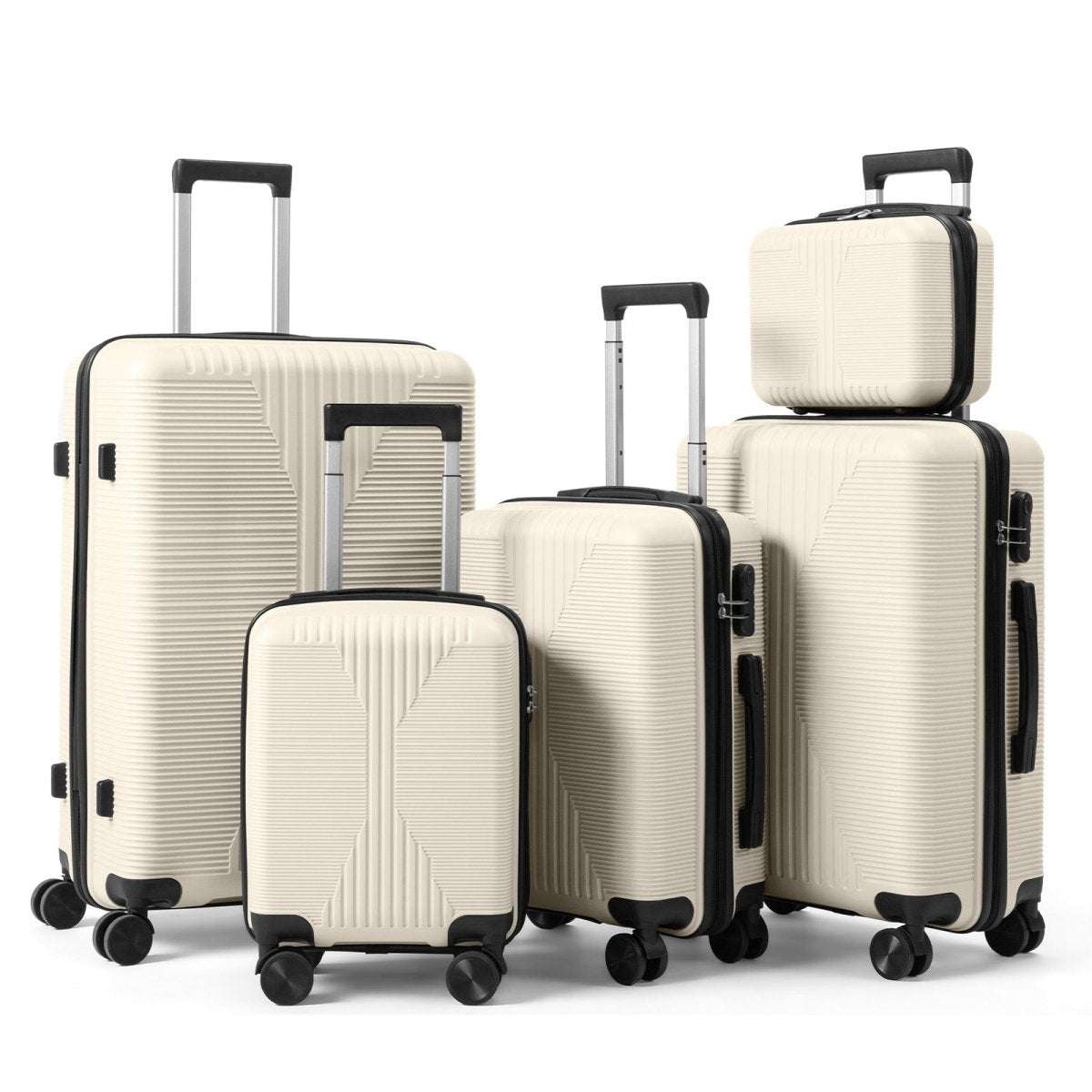 White hard-shell spinner luggage set with telescoping handles and side handles