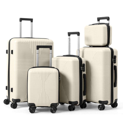 White hard-shell spinner luggage set with telescoping handles and side handles