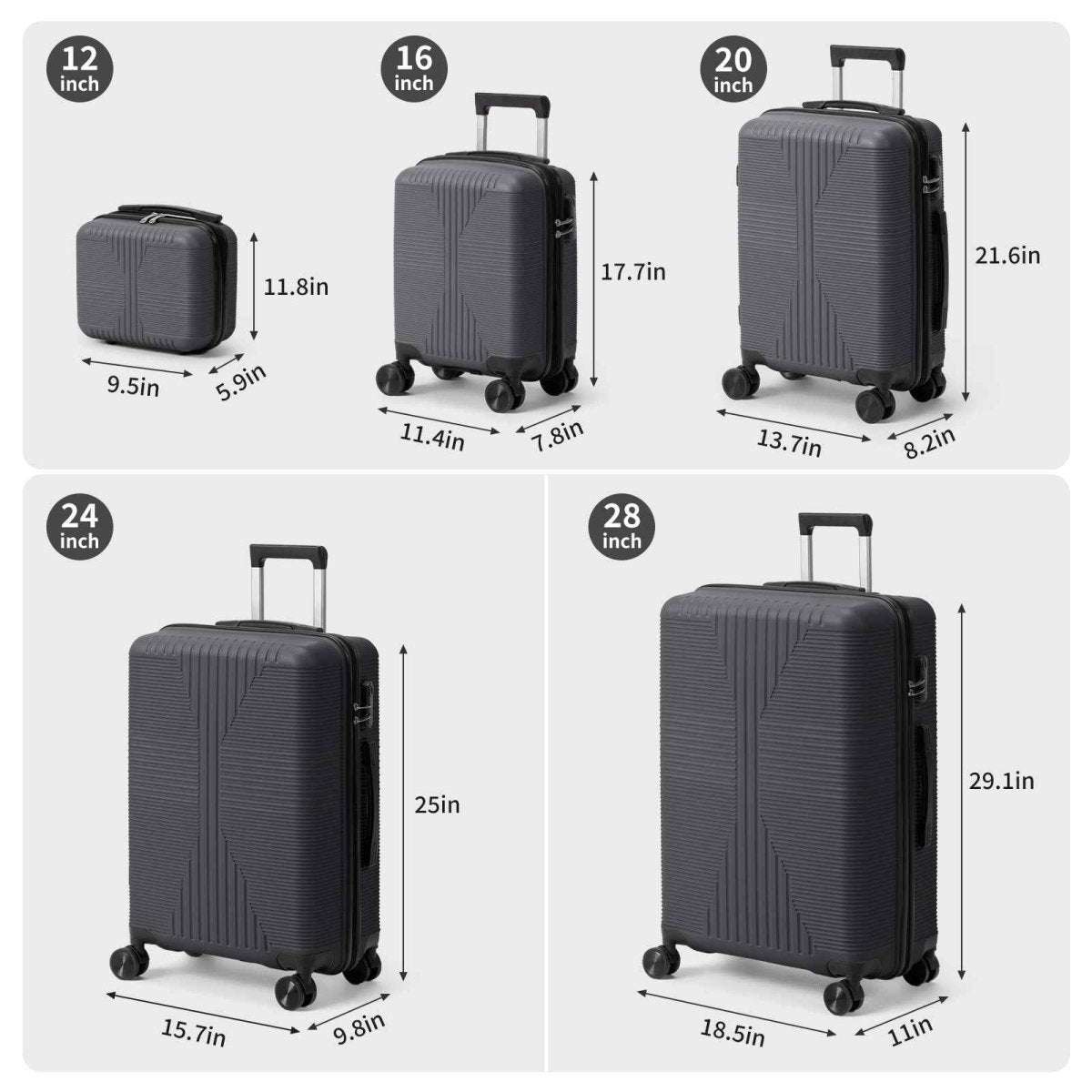 Gray hard-shell spinner luggage set size chart showing 12-28 inch suitcases