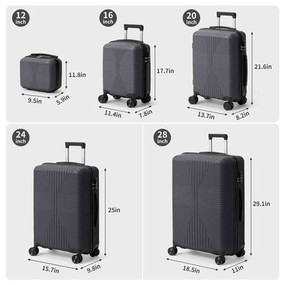 Gray hard-shell spinner luggage set size chart showing 12-28 inch suitcases