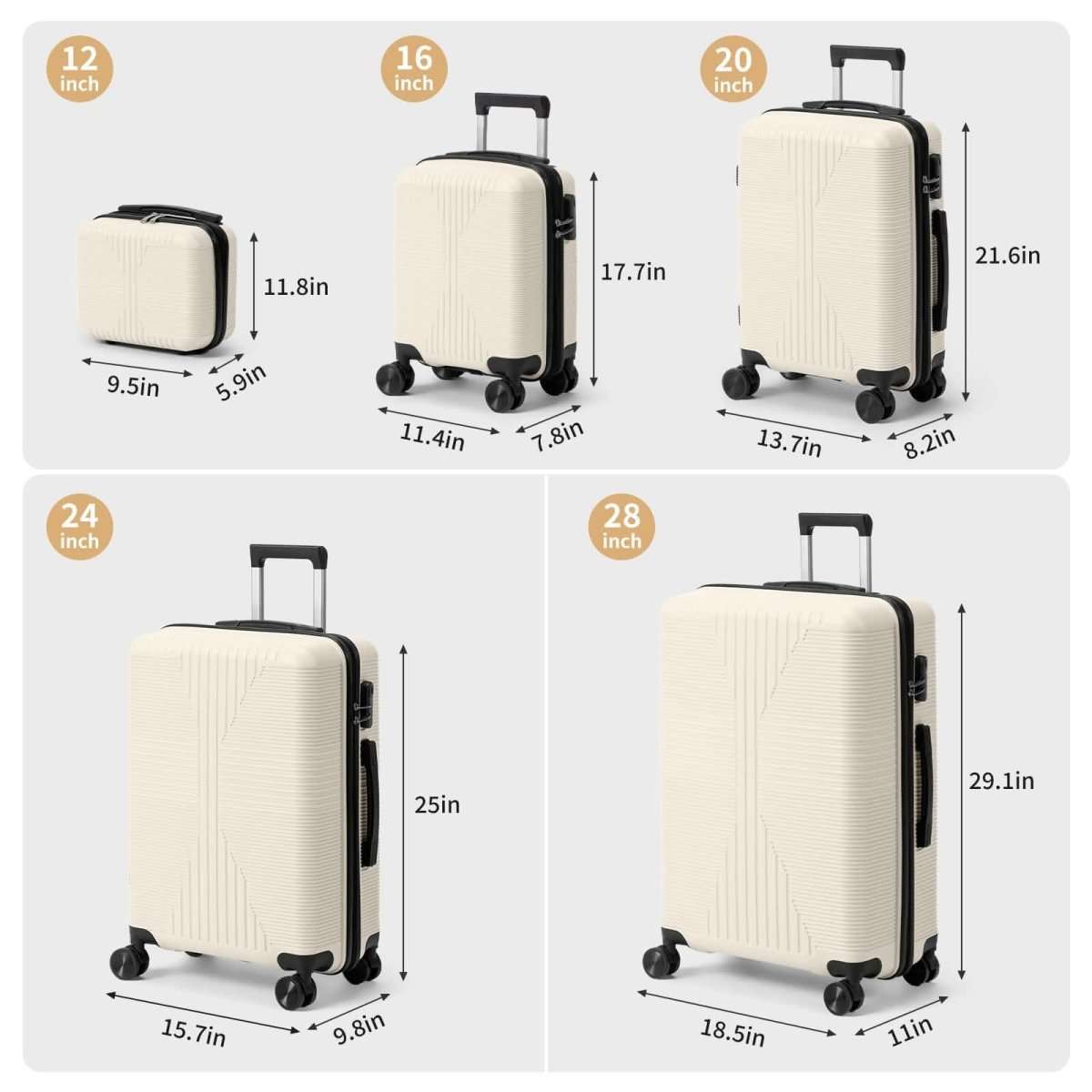 White 5-piece luggage set shown with multiple suitcase sizes and telescoping handles