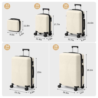White 5-piece luggage set shown with multiple suitcase sizes and telescoping handles