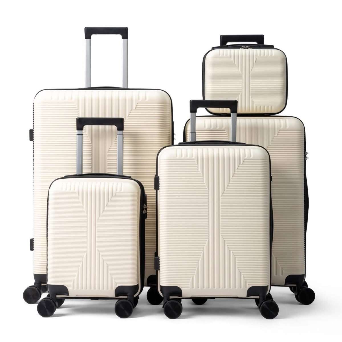 White hard-shell spinner luggage set with telescoping handles, 5 suitcase sizes