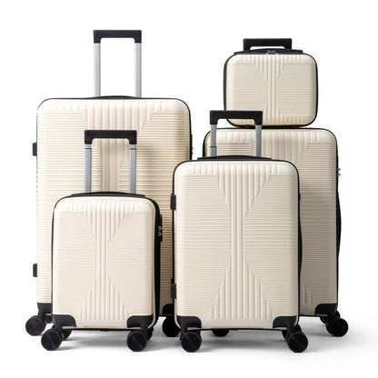 White hard-shell spinner luggage set with telescoping handles, 5 suitcase sizes