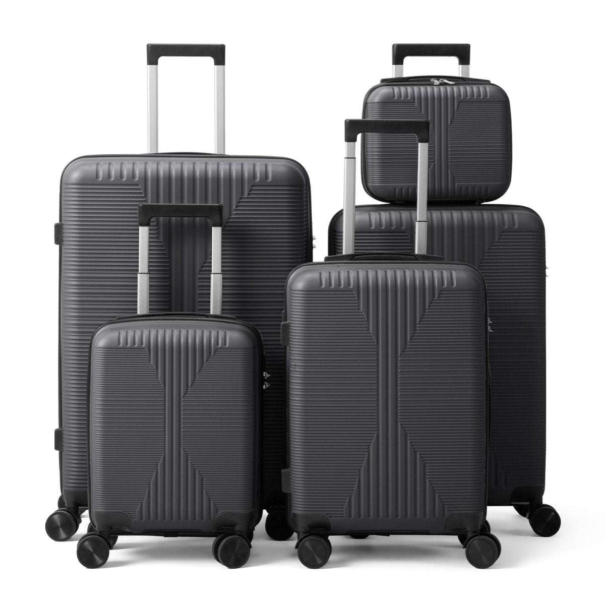 Gray 5-piece lightweight luggage set with lock, textured shell suitcases on four wheels