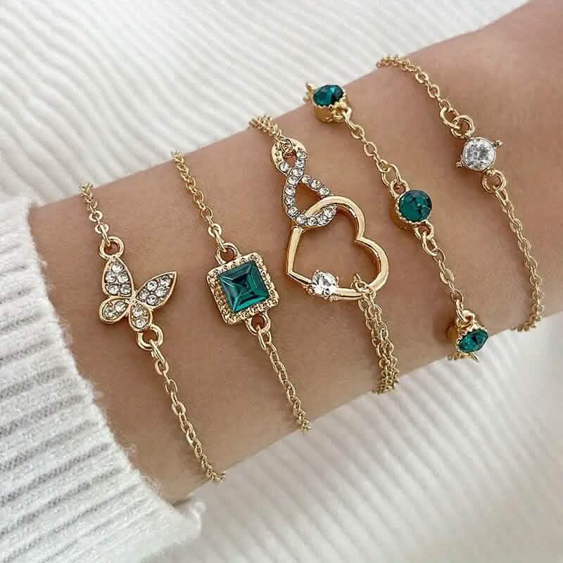5 - Pieces: Love Full Throw Diamond Shining Infinite Symbol Geometry Green Rhinestone Bracelet Set - Cartsfy Inc.