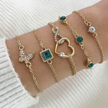 5 - Pieces: Love Full Throw Diamond Shining Infinite Symbol Geometry Green Rhinestone Bracelet Set - Cartsfy Inc.