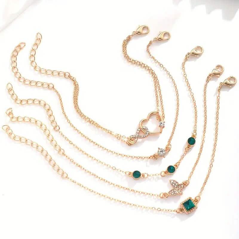5 - Pieces: Love Full Throw Diamond Shining Infinite Symbol Geometry Green Rhinestone Bracelet Set - Cartsfy Inc.