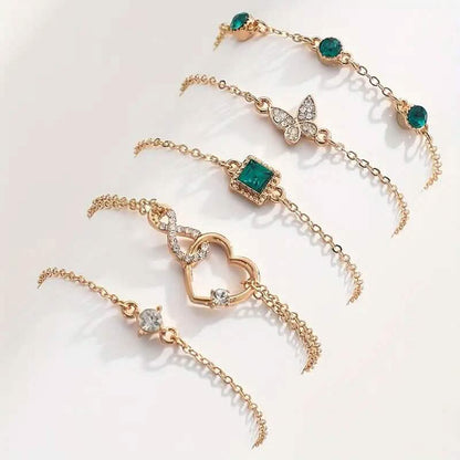 5 - Pieces: Love Full Throw Diamond Shining Infinite Symbol Geometry Green Rhinestone Bracelet Set - Cartsfy Inc.