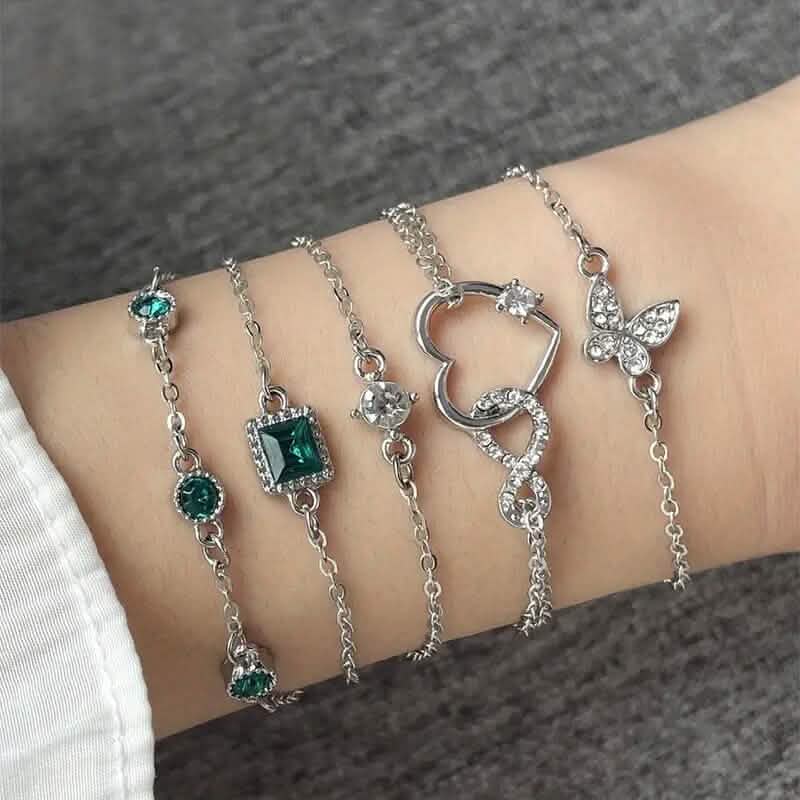 5 - Pieces: Love Full Throw Diamond Shining Infinite Symbol Geometry Green Rhinestone Bracelet Set - Cartsfy Inc.