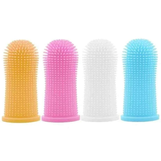 Set of silicone pet finger toothbrushes in yellow, pink, white, and blue