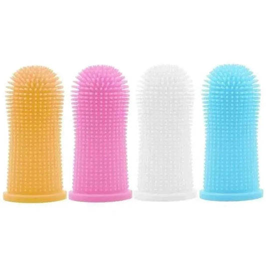 Set of silicone pet finger toothbrushes in yellow, pink, white, and blue