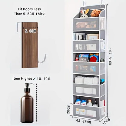 Over-the-door 5-tier organizer, gray with clear pocket shelves and hanging hooks