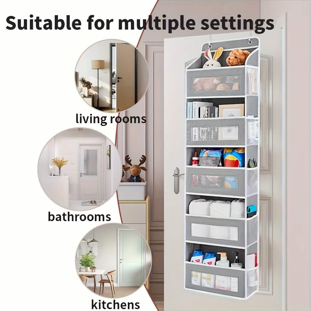 Over-the-door 5-tier storage organizer in gray with clear pockets and metal hanging hooks