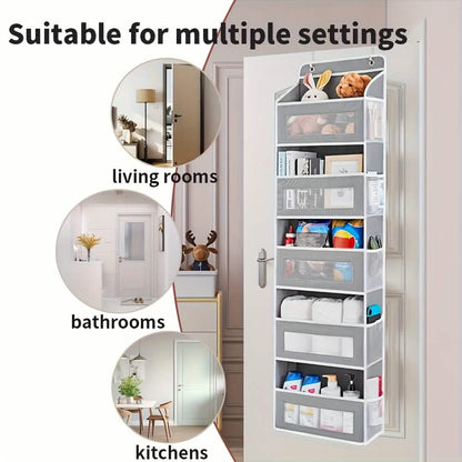 Over-the-door 5-tier storage organizer in gray with clear pockets and metal hanging hooks