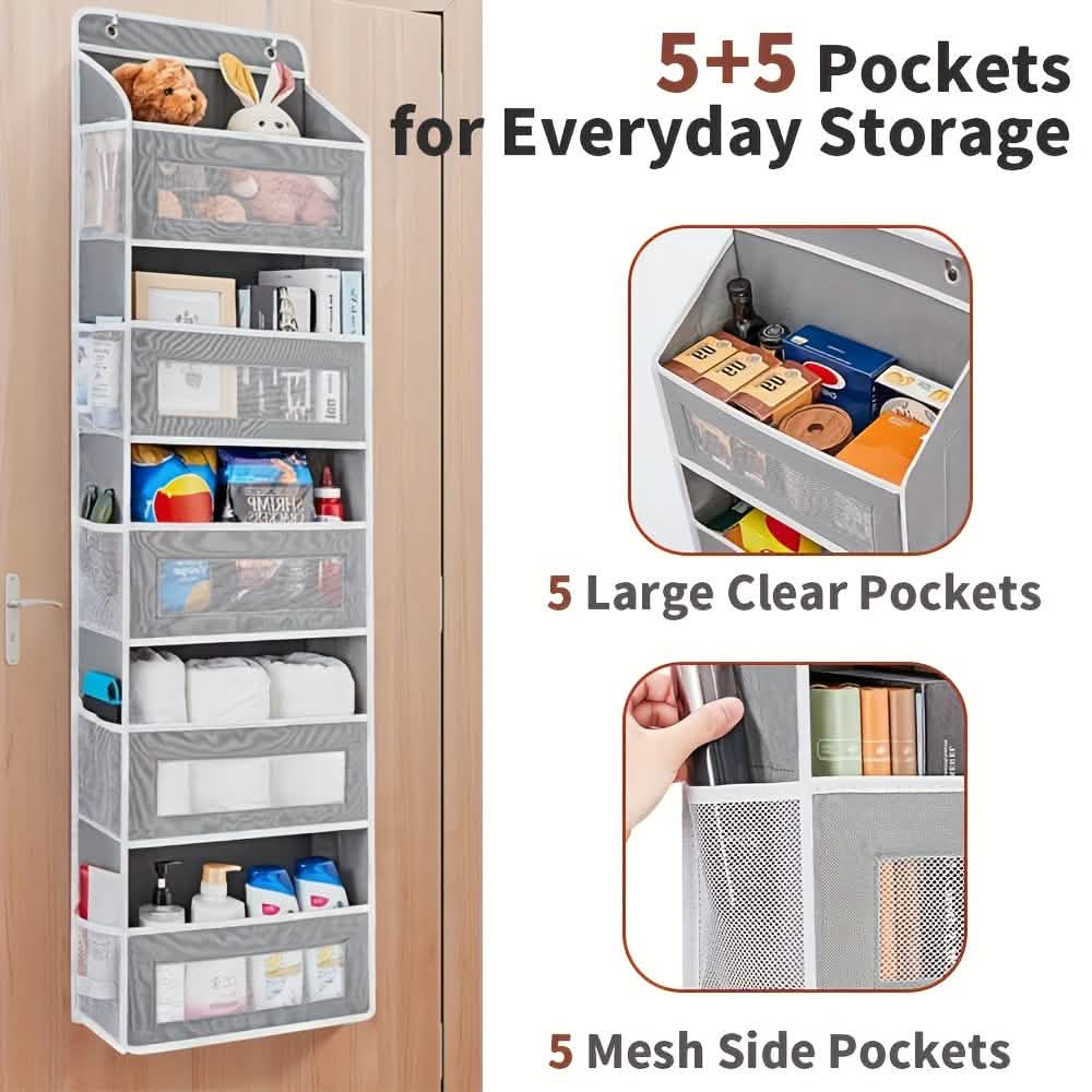 Over-the-door 5-tier organizer with clear front pockets and mesh side pockets