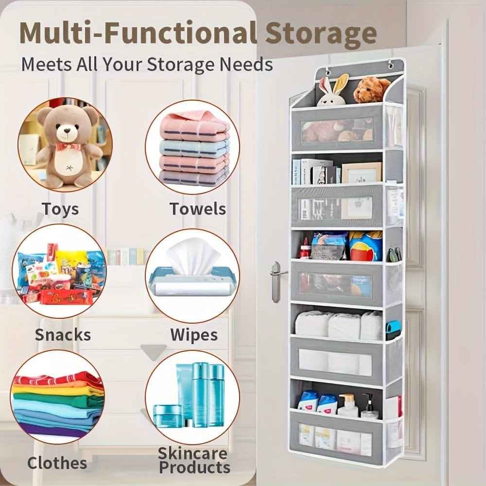 Over-the-door 5-tier storage organizer with clear pockets and hanging mesh side panels