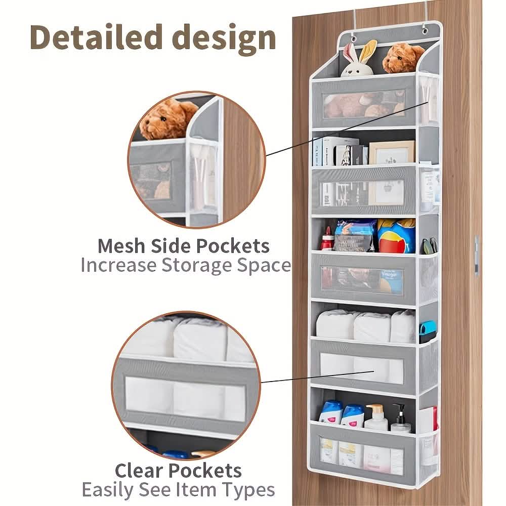 Over-the-door 5-tier organizer with mesh side pockets and clear front pockets