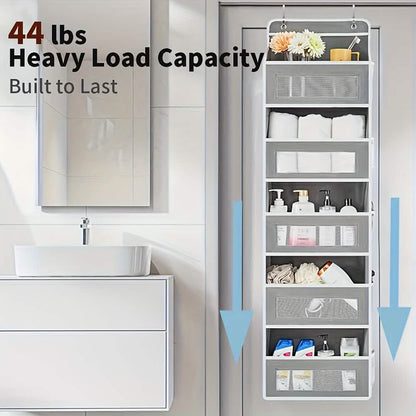 Over-the-door 5-tier organizer with transparent pockets, white inserts, gray frame