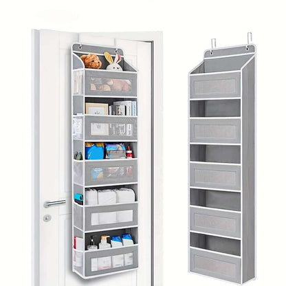 Over-the-door 5-tier organizer with clear pockets and gray shelves