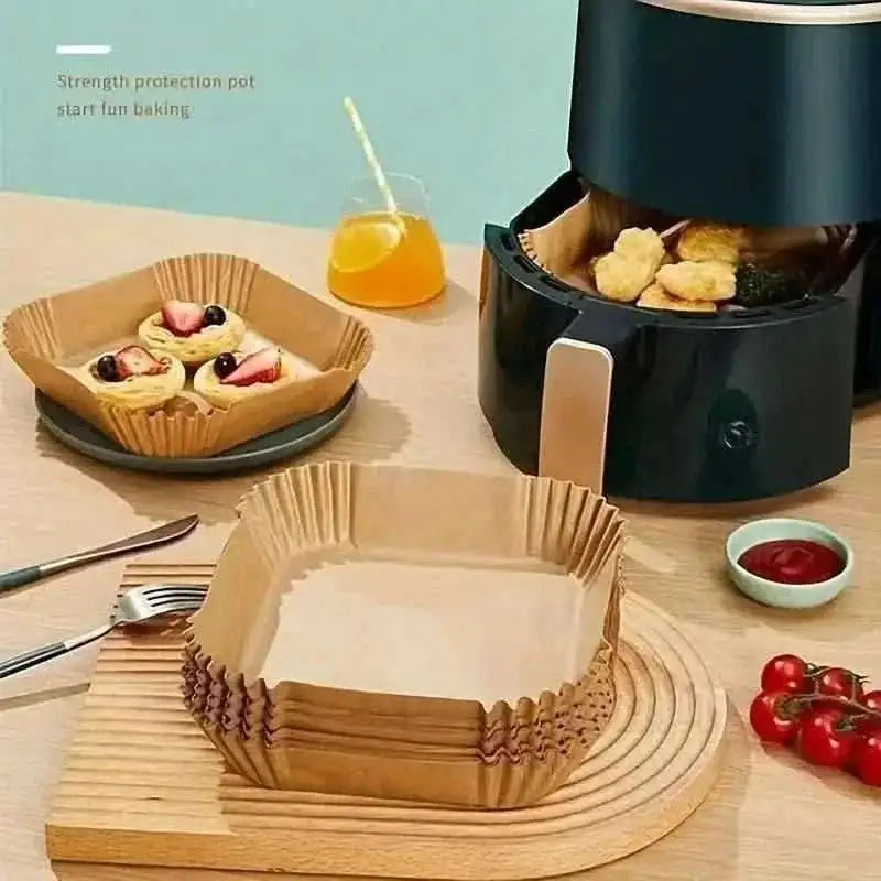 Disposable paper air fryer liner in a fryer basket, ribbed fluted rim