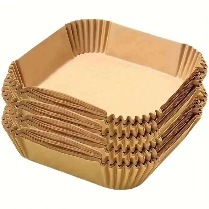 Stack of disposable paper air fryer liners, ribbed fluted edges