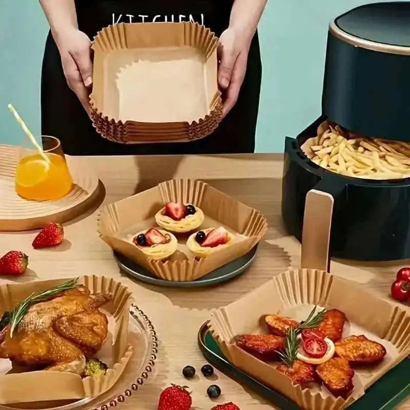 Disposable paper air fryer liners with ribbed fluted edges, set of several