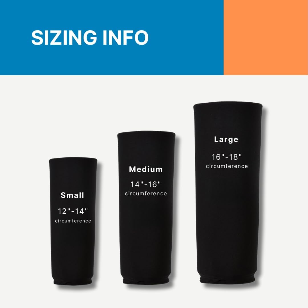 Black cold-therapy compression sleeve sizing display: Small, Medium, Large