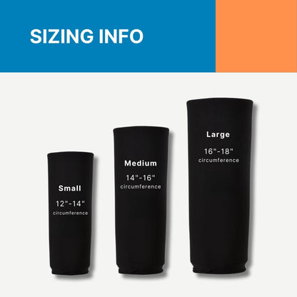 Black cold-therapy compression sleeve sizing display: Small, Medium, Large