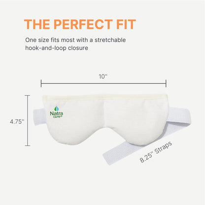 Heated eye mask with white cover, stretch straps and hook-and-loop closure