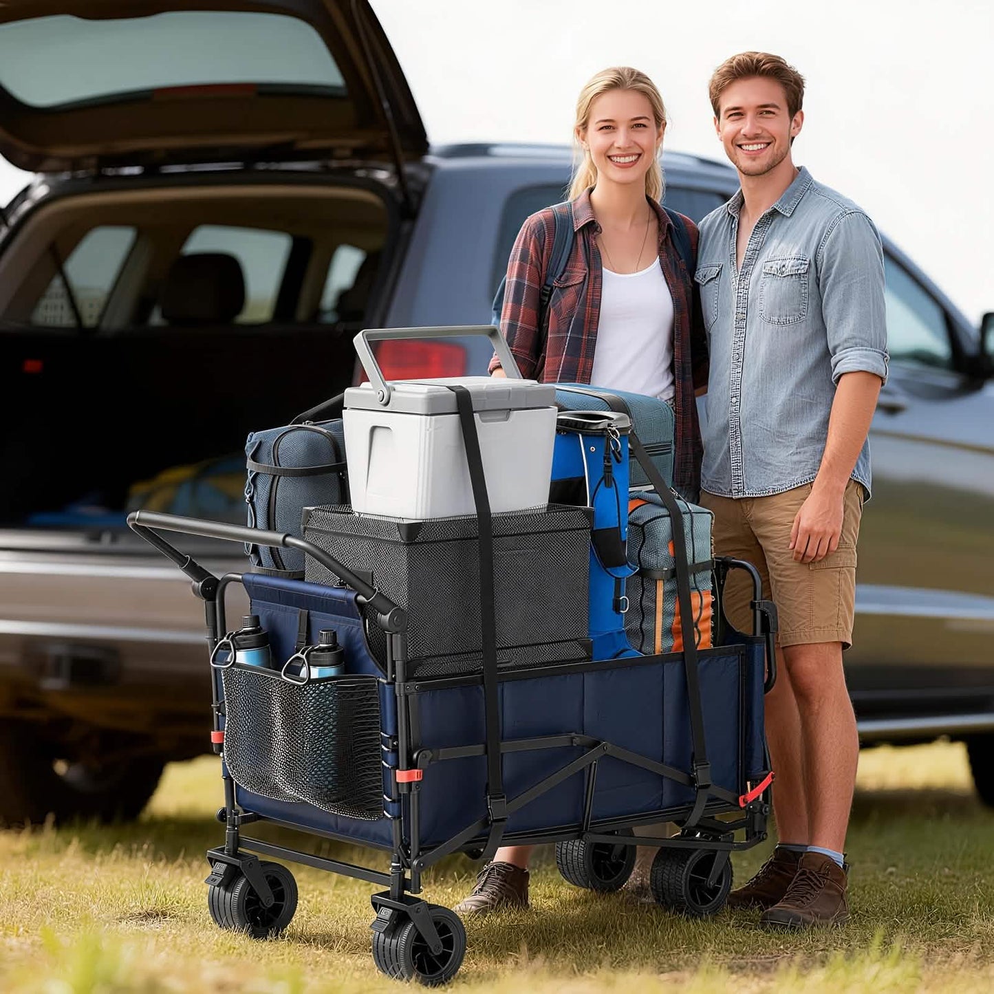 Navy folding wagon cart with storage basket, side mesh panels, and four caster wheels